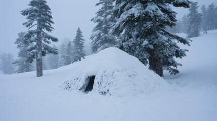 Cozy snow-laden igloo nestled amid whispering pines, evoking winter solstice reflections and Arctic exploration dreams