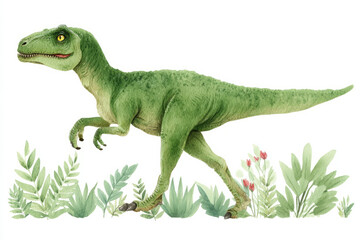 Fototapeta premium A verdant velociraptor prances through whimsical flora, celebrating Dinosaur Day with Jurassic vitality and prehistoric flair