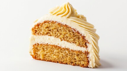 A slice of banana cake with a creamy vanilla frosting on a white background