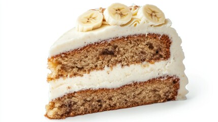 A slice of banana cake with a creamy vanilla frosting on a white background