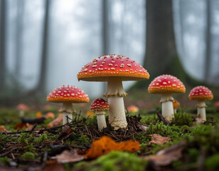 Fly agaric mushrooms close-up in the forest. Generated by AI.