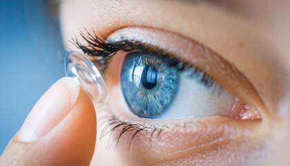 A close-up of a person applying a contact lens, showcasing blue eyes and detailed eyelashes, highlighting the precision of eye care