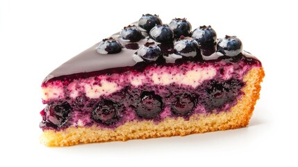 A slice of blueberry cake with blueberry glaze on a white background