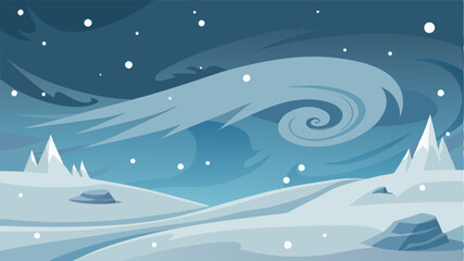 Naklejka premium The wind howls across the barren landscape of Snowy Ridge swirling snowflakes and creating a harsh and unpredictable terrain.