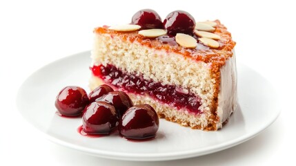 A slice of cherry almond cake with cherry compote on a white background