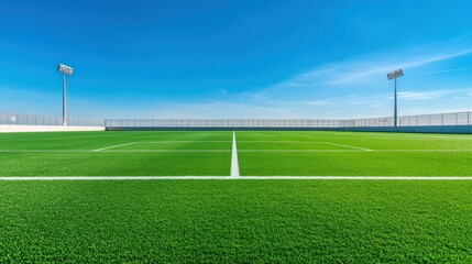 Artificial turf soccer field under blue sky bright wide open view