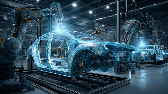 Robotic Arms building a car in a futuristic automotive factory. Lights and sparks in the factory. Advanced Manufacturing Visualization Digital Twin Technology and Smart Production System