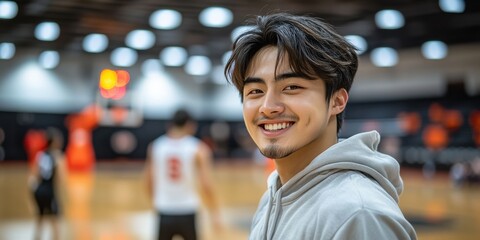 Fototapeta premium A young man is smiling and wearing a hoodie in a basketball court