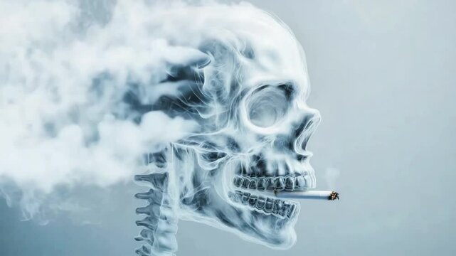 Smoking cigarette with skull and smoke effect, symbolizing addiction, health risk, toxic inhalation, eerie and haunting skeleton image, dangerous habit concept in smoky atmosphere