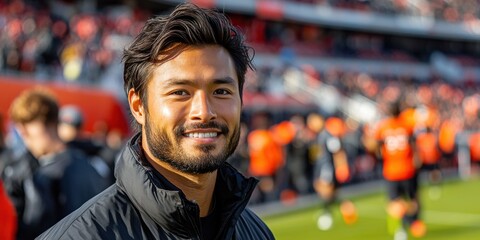 Fototapeta premium A man with a black jacket and a smile on his face