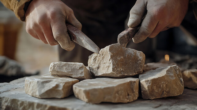 Stone Mason Working with Chisel and Hammer