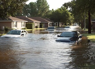 Sunny Florida neighborhood with cars and houses submerged in rising flood water during hurricane
