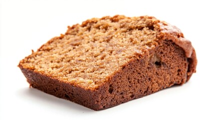A slice of eggless banana cake on a white background