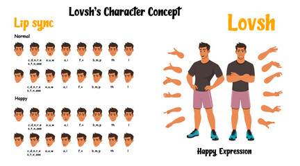 A happy man cartoon, illustration with hand gesture. Young man lip sync & face expression set for animation. Happy young man clipart, vector & illustration stock.