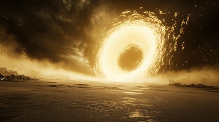Golden cosmic vortex icy desert landscape science fiction background digital art