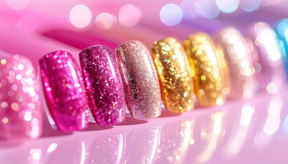 Colorful glitter nail polishes arranged in a row, showcasing a spectrum of vibrant shades against a soft, blurred pink background