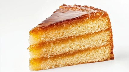 A slice of honey cake with caramelized layers on a white background