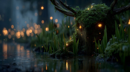 Fototapeta premium Enigmatic Moss-Covered Beast in Dark Swamp Fantasy Creature Art