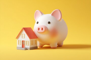Saving for a House Dream Piggy Bank and Miniature House on Yellow Background
