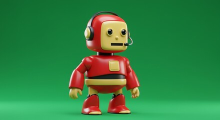 Fototapeta premium Standing Red Robot Wearing Headset on Green Background