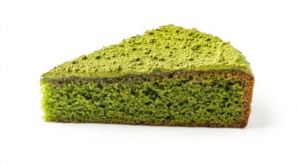 A slice of matcha cake with matcha powder sprinkled on a white background