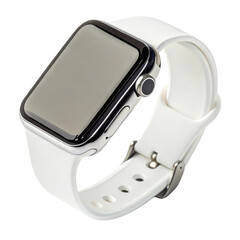 Smartwatch with a sleek design and white band on a dark background.