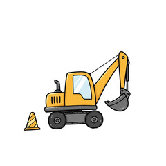 Cartoon Excavator with Traffic Cone Illustration