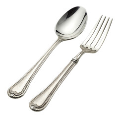 Silver fork and spoon set with intricate detailing on a black background.