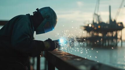 Fototapeta premium A cinematic shot of a welder in protective gear and welding helmet on, welding a railing .