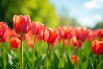 Naklejka premium Vibrant tulips in a lush green meadow, sunny day, background, sun, tulips