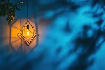 Blue room interior with hanging geometric cage light glowing warmly