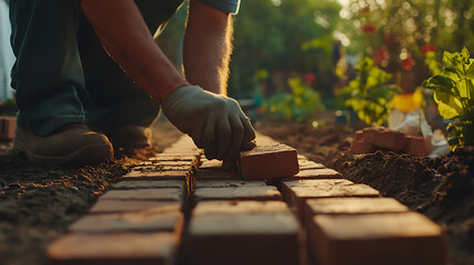 Gardener Laying Bricks for a Pathway