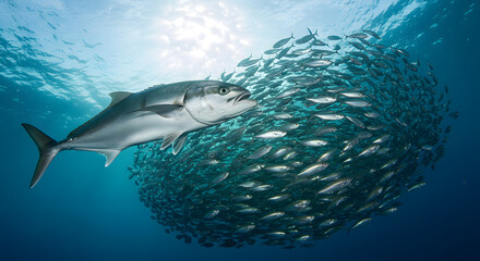 Fototapeta premium Large fish approaching school of smaller fish underwater in the ocean