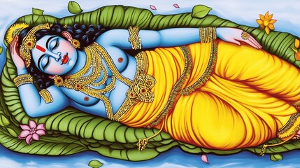Serene Blue Figure Relaxing on Green Leaves in Vibrant Artwork