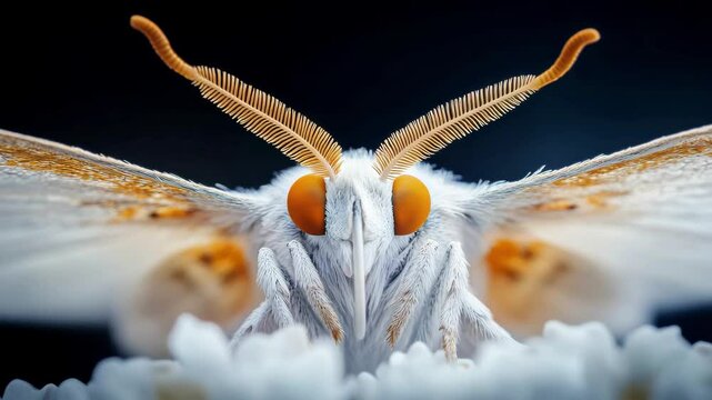Close up macro of white moth with orange eyes and feathery antenna, showing detailed texture and delicate wings in sharp focus, nature insect wings close up macro photography