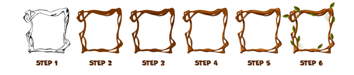 Drawing wooden frame step by step. Tree branch frame for game, print, education or more design