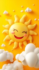 
3D cartoon sun with clouds, a happy face, yellow background, bright colors,