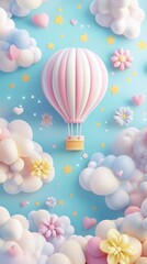 
3D cute hot air balloons in the sky, in pastel colors, with hearts and stars, flowers, and clouds, in a kawaii style.

