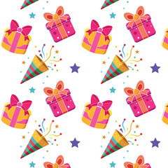 Seamless Pattern with Images of Christmas Gift Boxes and Fireworks