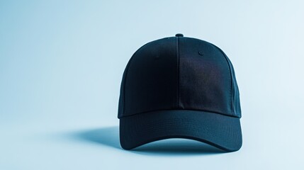 Classic black baseball cap simple design light blue background apparel headwear mockup product vector illustration graphic