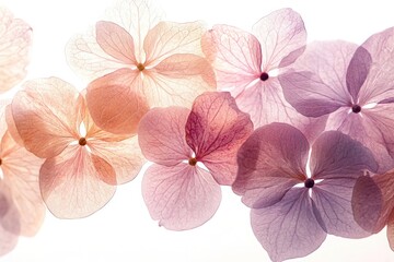 Fototapeta premium Delicate Pink and Purple Hydrangea Flowers, Veined Petals with White Background