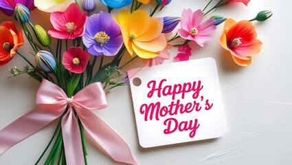 Rainbow Flower Bouquet with Ribbon and Tag Saying ‘Happy Mother’s Day