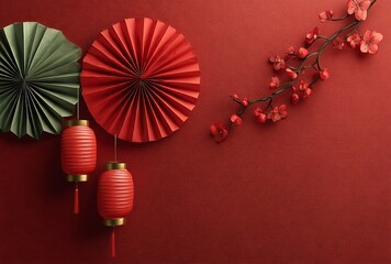 Red and Green Paper Fans with Red Lanterns and Cherry Blossoms on Red Background