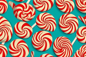 Fototapeta premium Lollipops, pattern design, turquoise background, red and white candy swirling lollipop designs, symmetrical pattern, high resolution, hyperrealistic