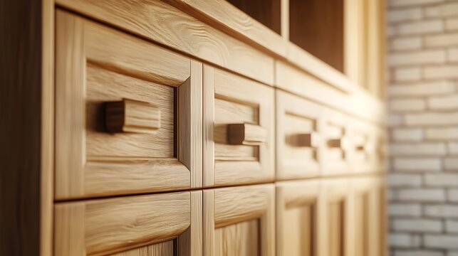 Close-up of Wooden Cabinet with Drawers and Knobs