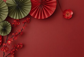 Elegant Red and Green Paper Fans with Red Plum Blossoms on Red Background