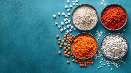 Colorful spices and seasonings in bowls are ready for BBQ preparation, showcasing vibrant colors against a blue backdrop, perfect for grilling enthusiasts