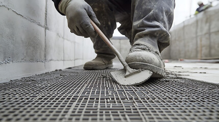 Construction Worker Smoothing Concrete on Wire Mesh