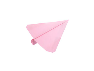 Pastel pink paper airplane with crisp folds, floating in mid-air, symbolizing childhood dreams, simplicity, and playful creativity isolated on white or transparent background. PNG