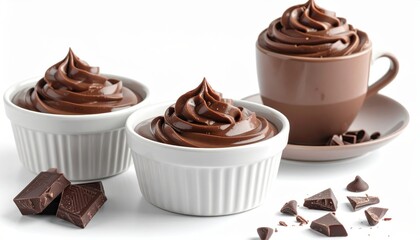 Delicious chocolate mousse served in white ramekins and a cup, garnished with chocolate shavings, perfect for dessert lovers